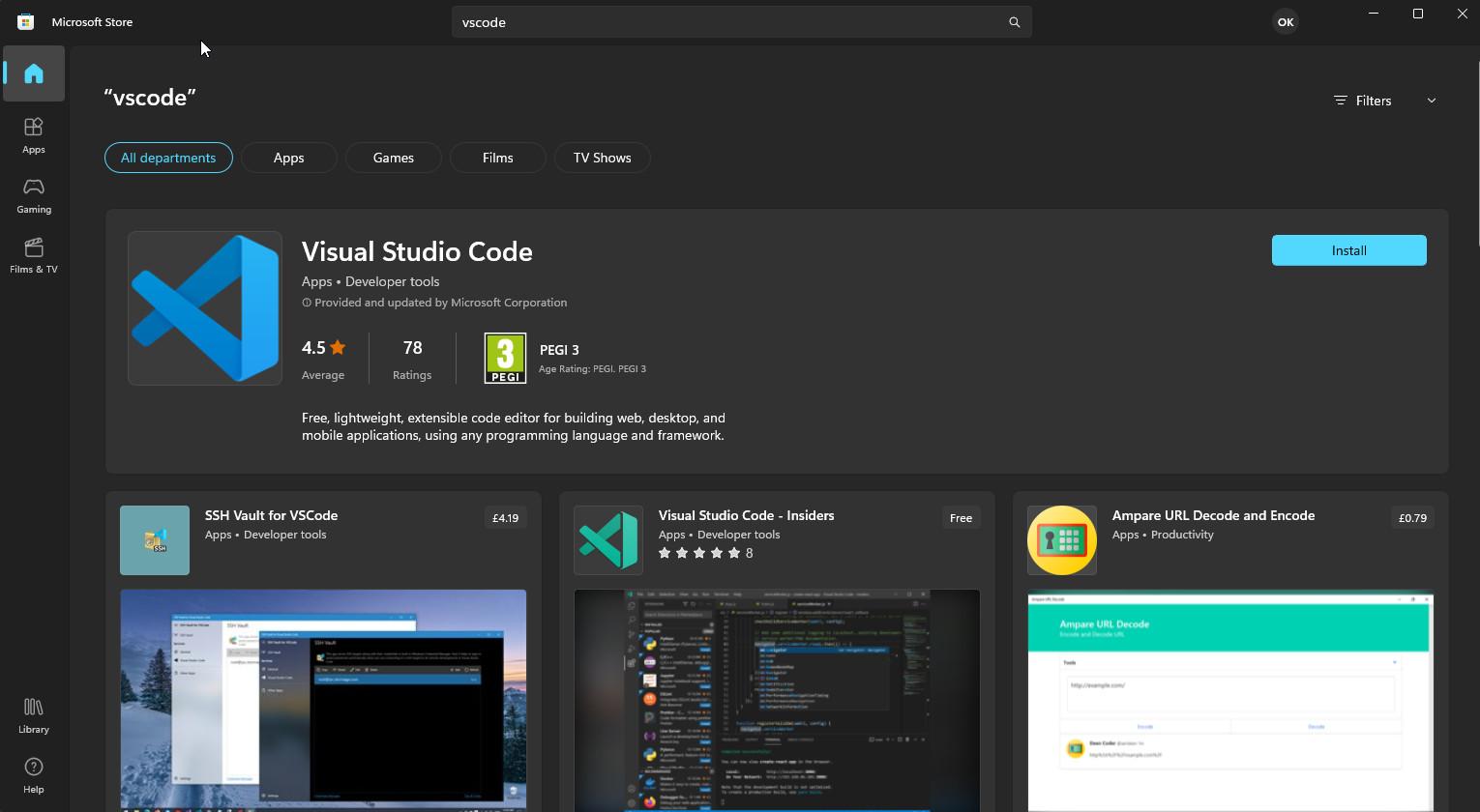 Visual Studio Code find Visual Studio Code in Microsoft Store