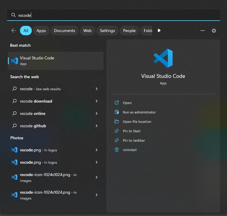 Visual Studio Code launch from Windows 11 menu